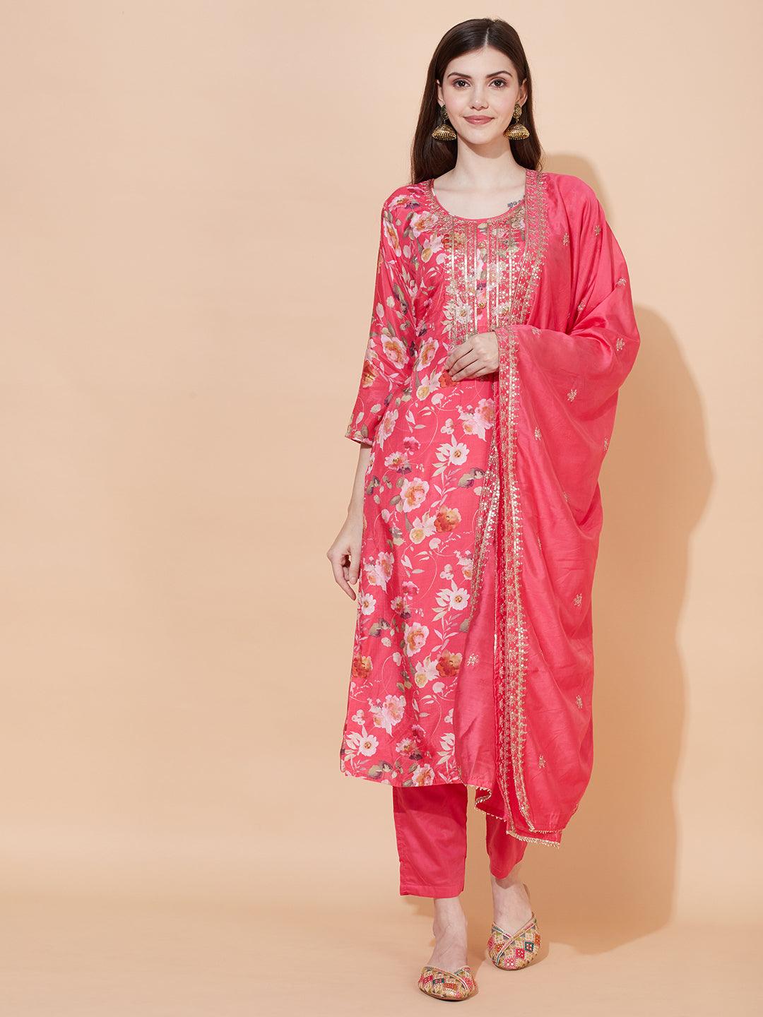 Floral Printed & Embroidered Kurta with Pants & Dupatta - Pink - Indiakreations