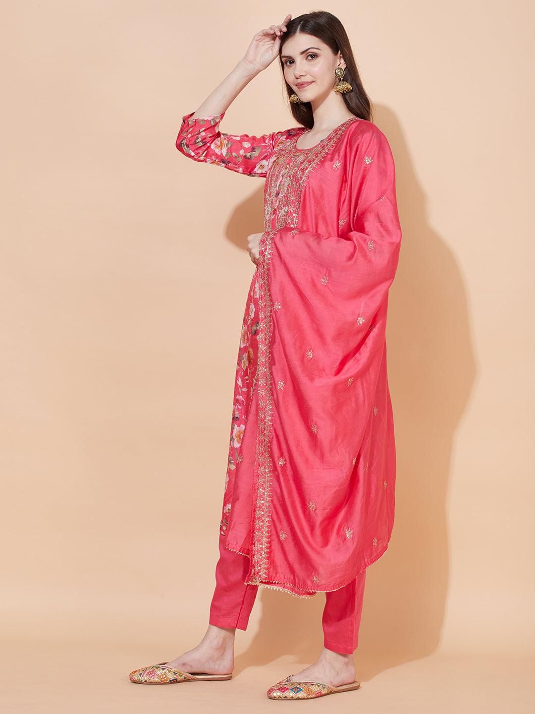 Floral Printed & Embroidered Kurta with Pants & Dupatta - Pink - Indiakreations