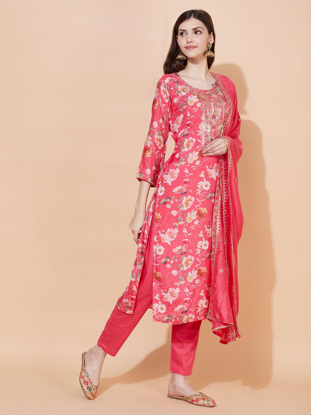 Floral Printed & Embroidered Kurta with Pants & Dupatta - Pink - Indiakreations