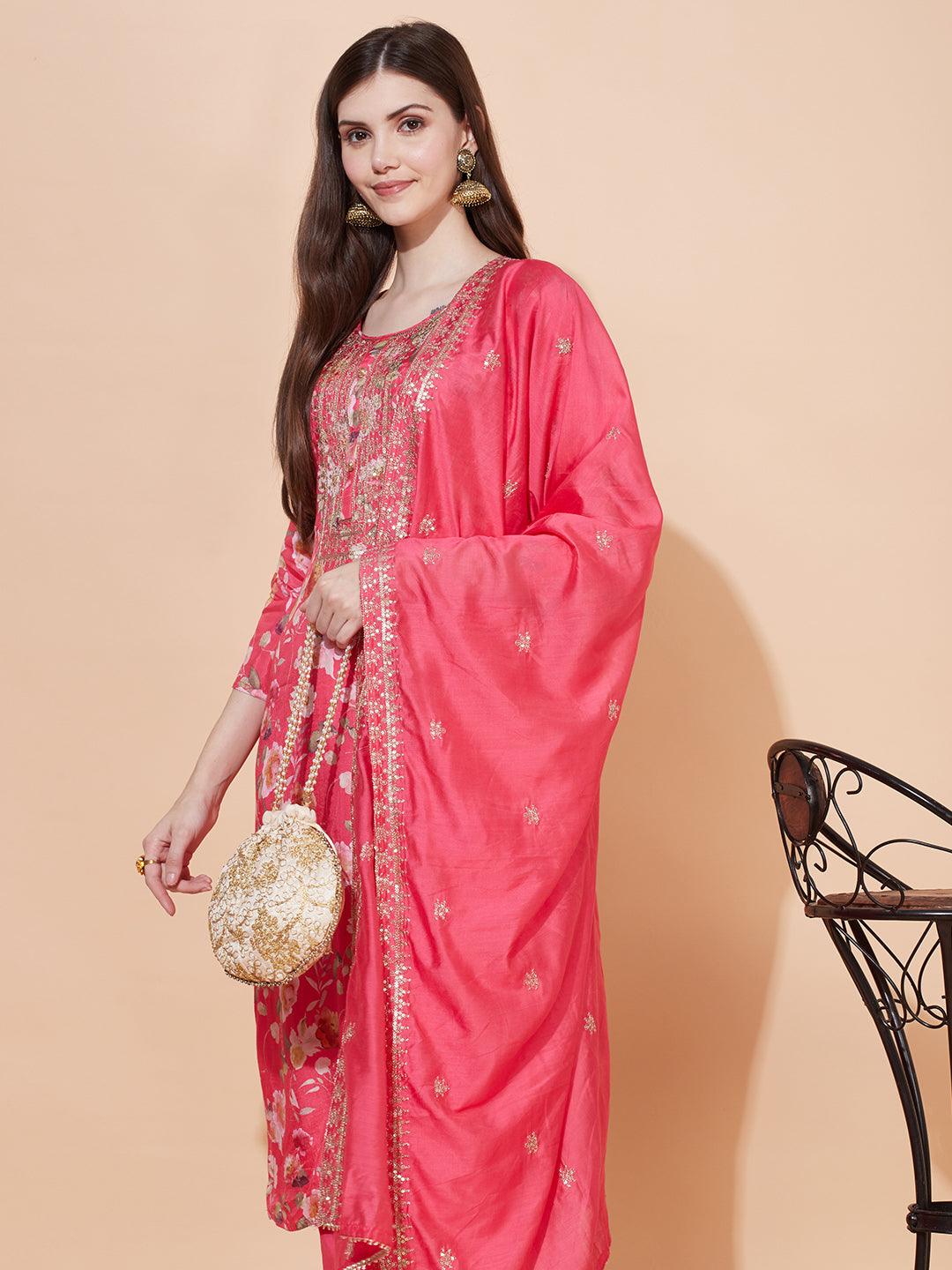 Floral Printed & Embroidered Kurta with Pants & Dupatta - Pink - Indiakreations