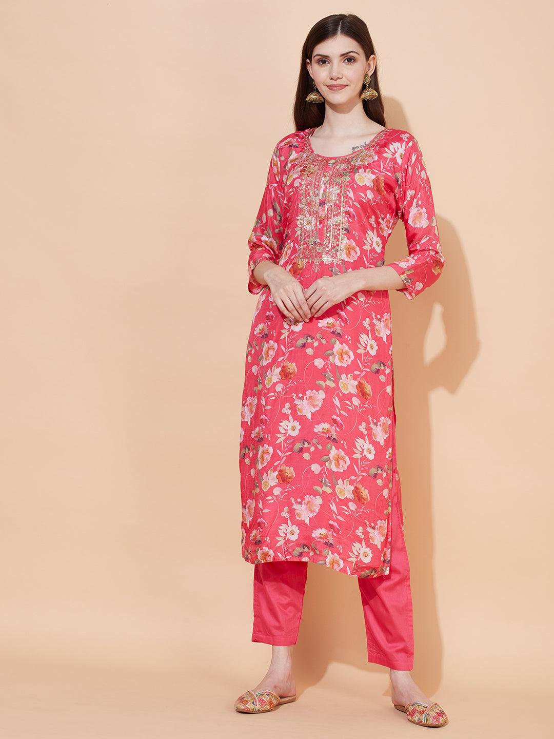 Floral Printed & Embroidered Kurta with Pants & Dupatta - Pink - Indiakreations