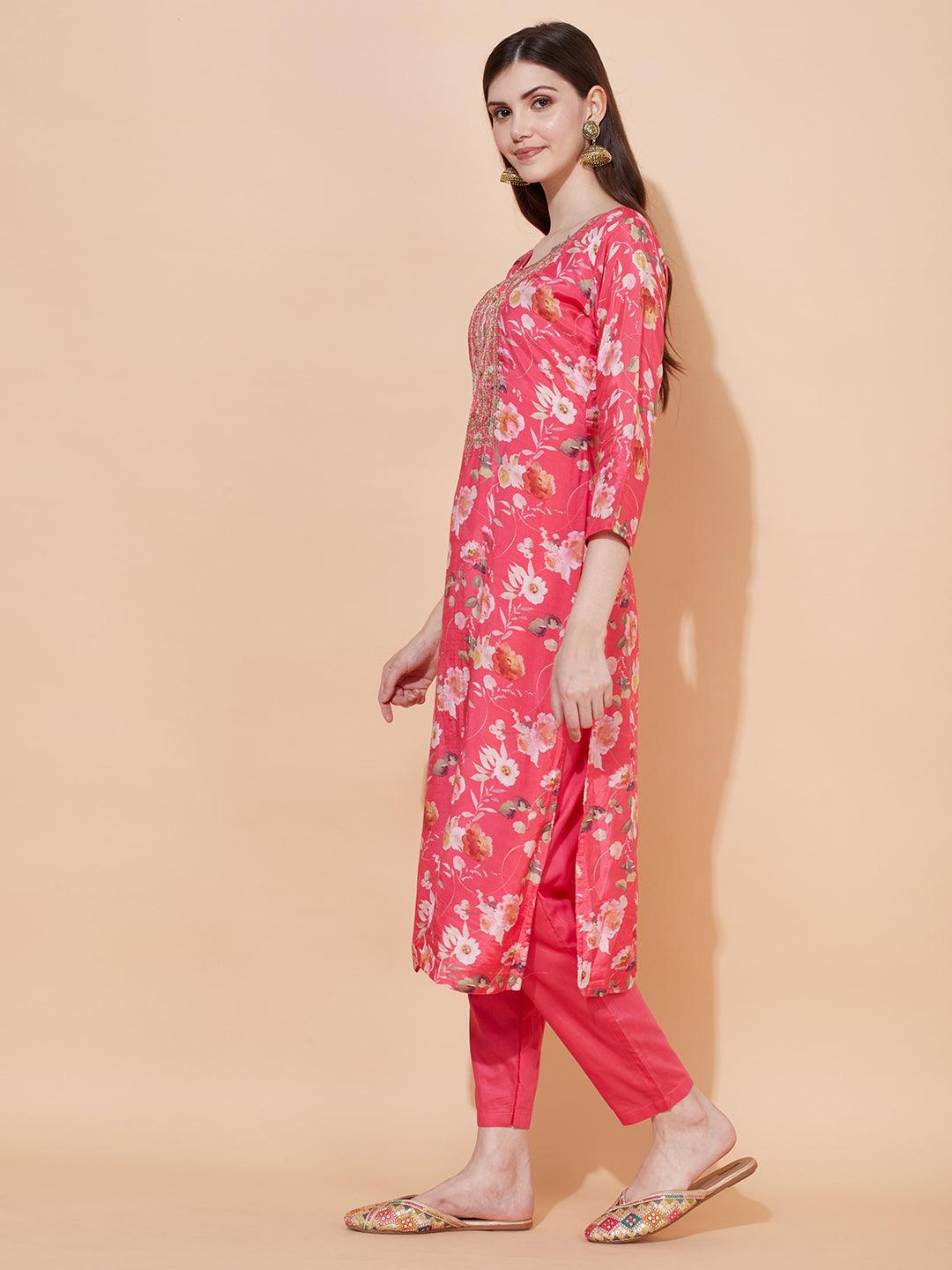 Floral Printed & Embroidered Kurta with Pants & Dupatta - Pink - Indiakreations