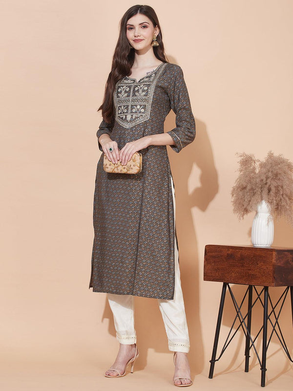 Ethnic Printed & Embroidered Straight Fit Kurta – Dark Ash Gray - Indiakreations