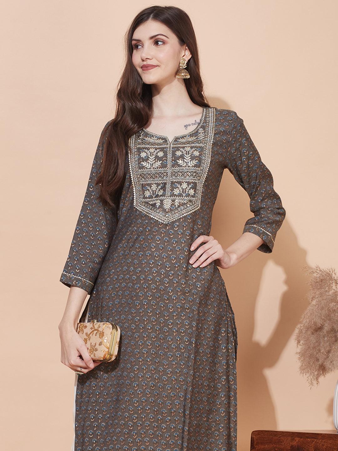 Ethnic Printed & Embroidered Straight Fit Kurta – Dark Ash Gray - Indiakreations