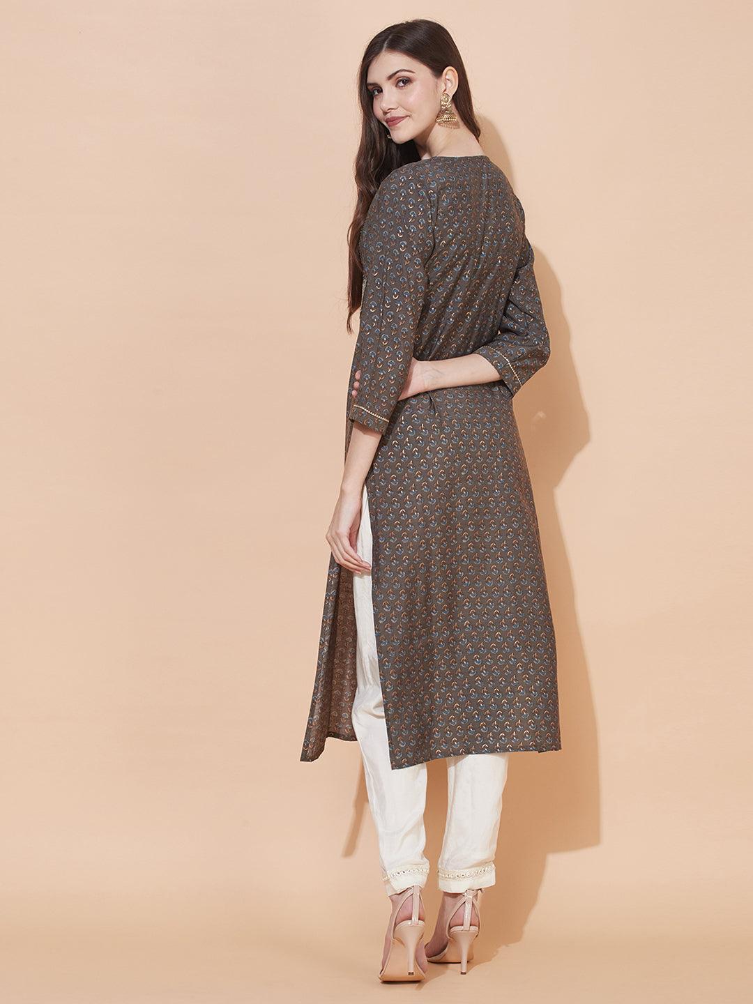 Ethnic Printed & Embroidered Straight Fit Kurta – Dark Ash Gray - Indiakreations