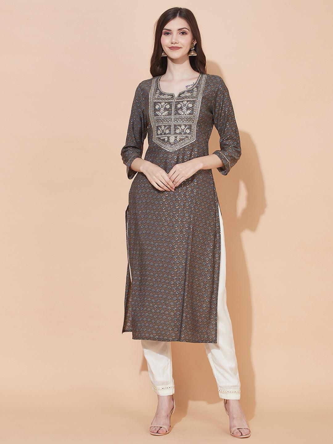 Ethnic Printed & Embroidered Straight Fit Kurta – Dark Ash Gray - Indiakreations