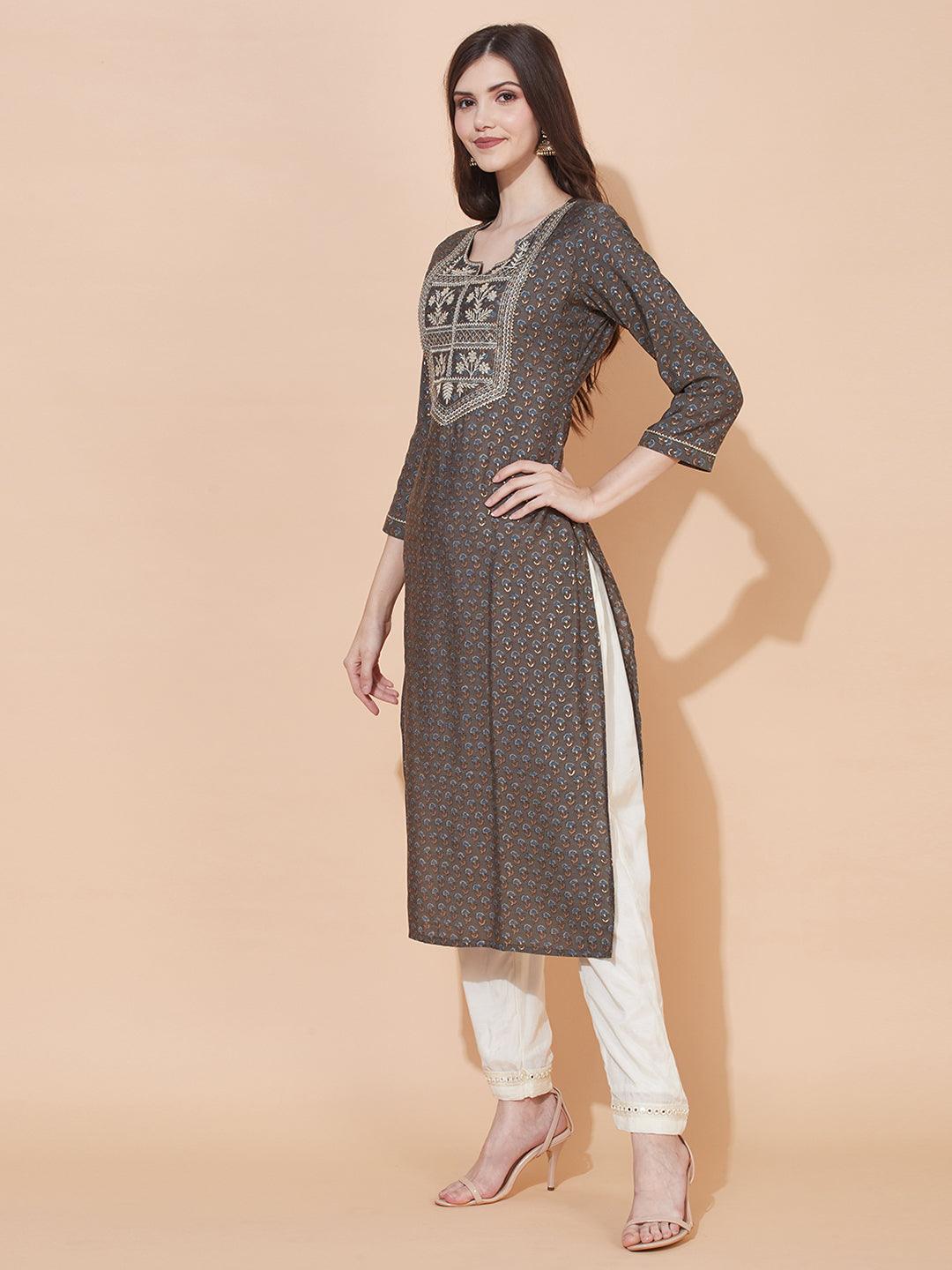 Ethnic Printed & Embroidered Straight Fit Kurta – Dark Ash Gray - Indiakreations