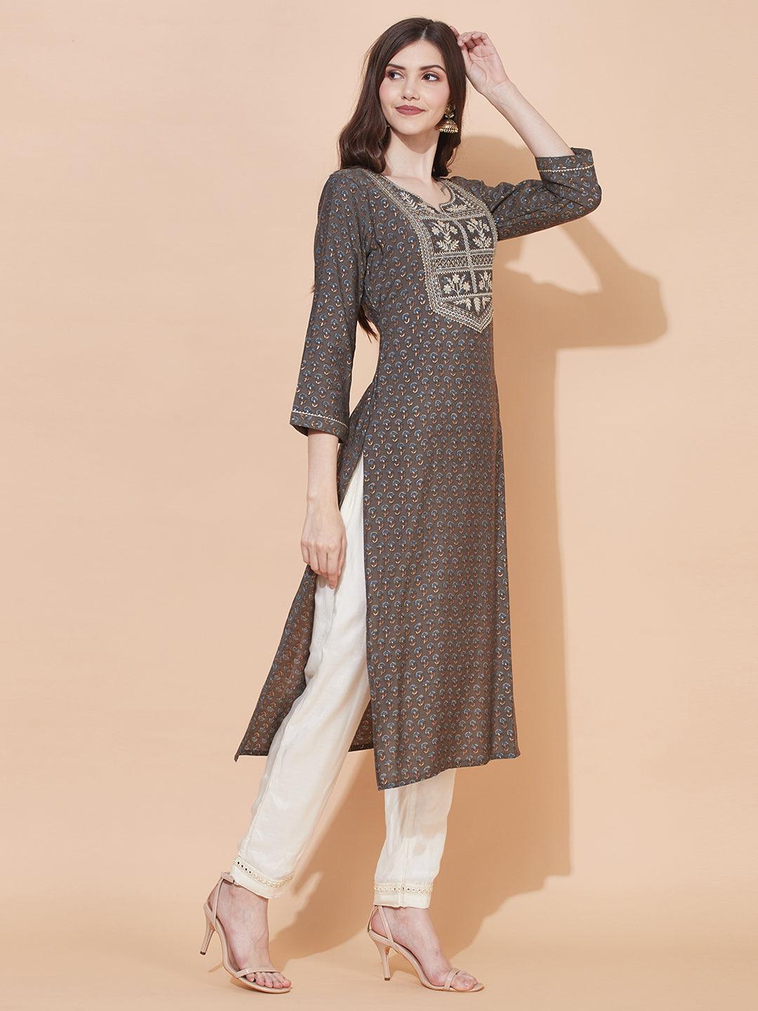 Ethnic Printed & Embroidered Straight Fit Kurta – Dark Ash Gray - Indiakreations