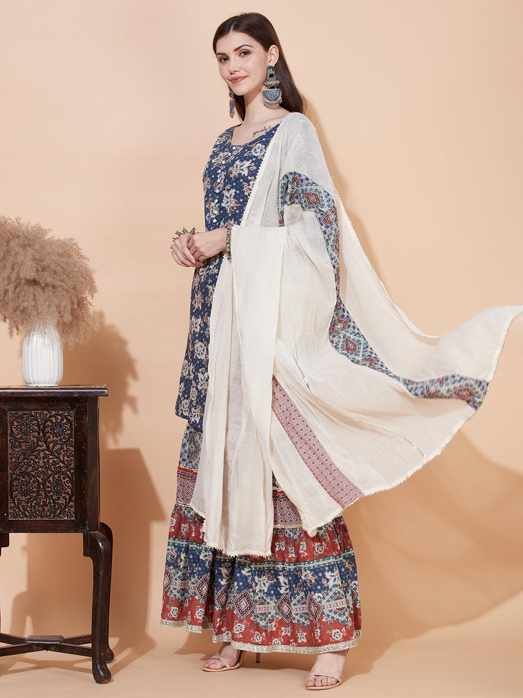 Floral Printed & Embroidered Kurta with Sharara & Dupatta - Blue - Indiakreations