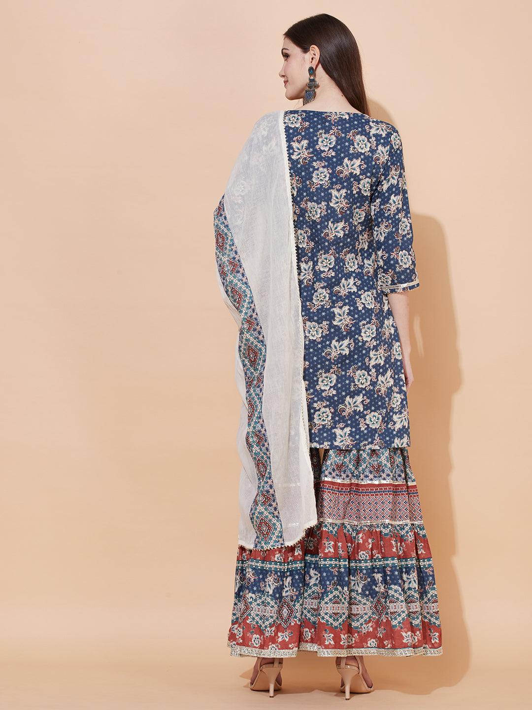 Floral Printed & Embroidered Kurta with Sharara & Dupatta - Blue - Indiakreations