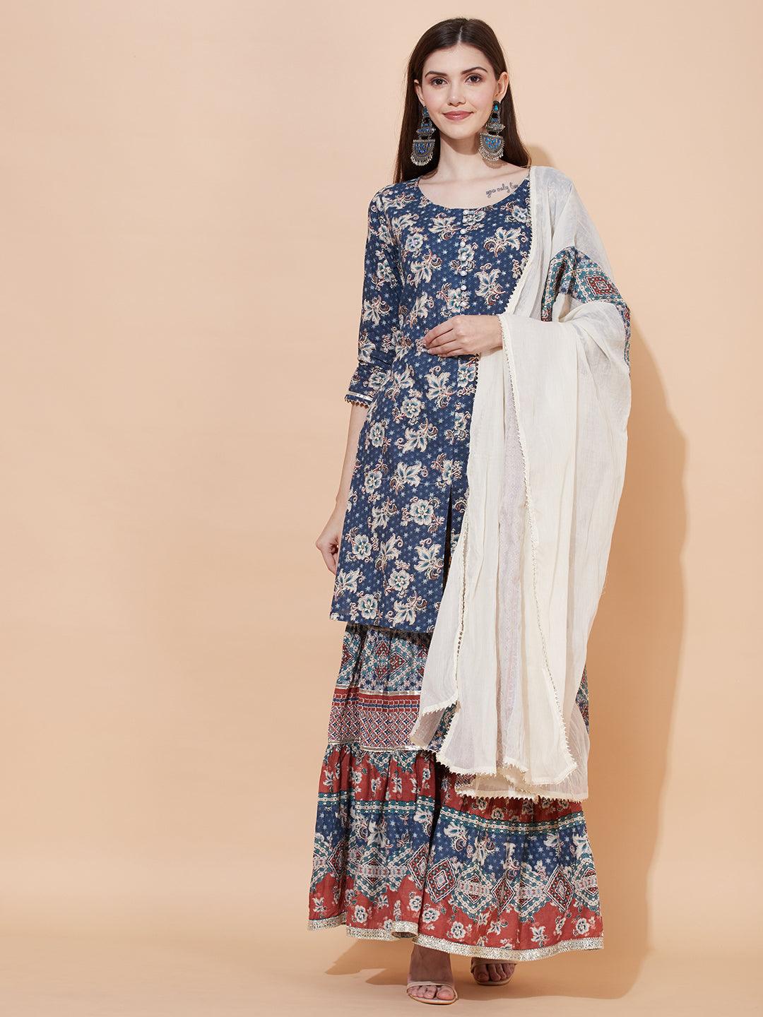 Floral Printed & Embroidered Kurta with Sharara & Dupatta - Blue - Indiakreations