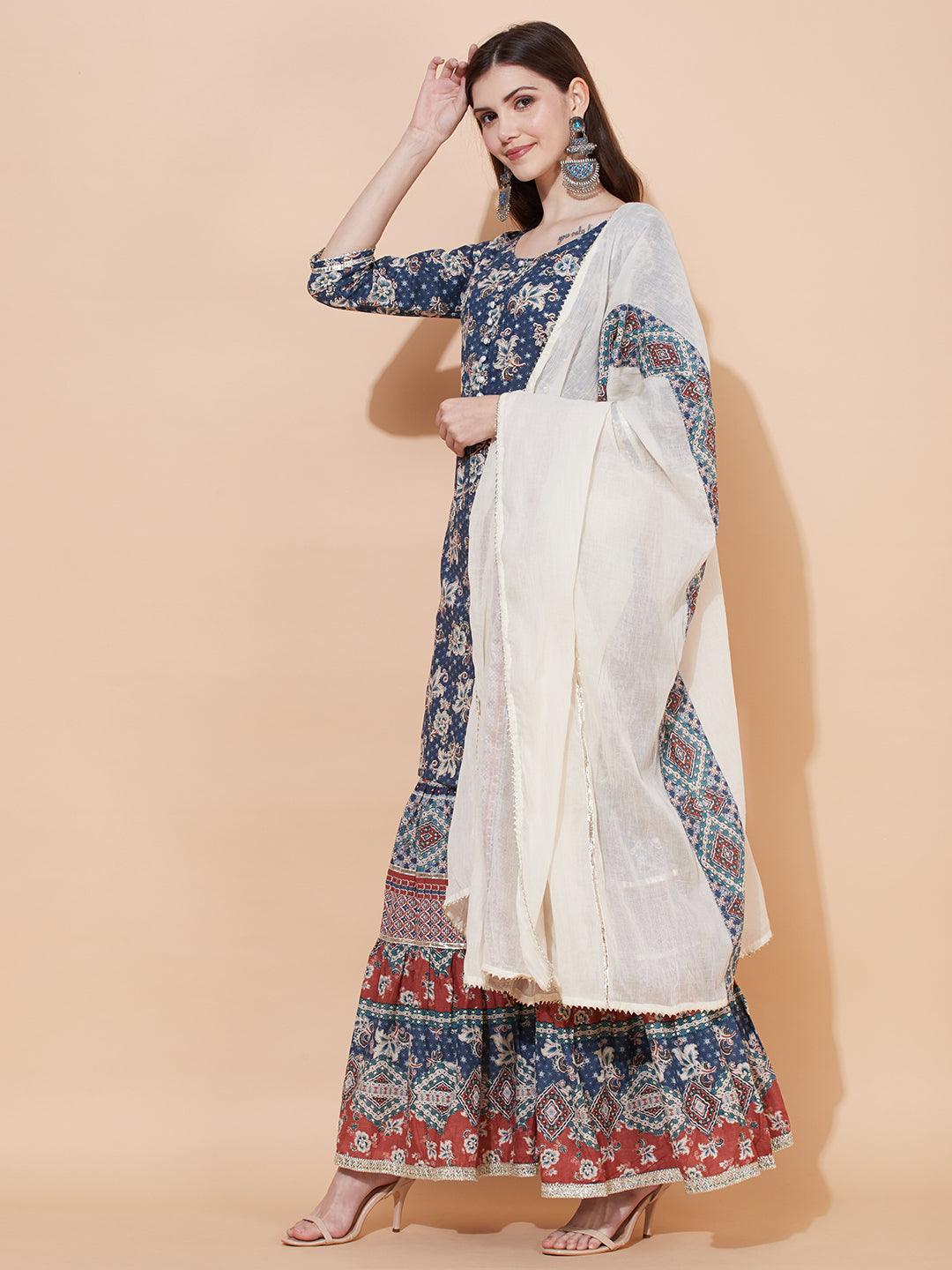 Floral Printed & Embroidered Kurta with Sharara & Dupatta - Blue - Indiakreations