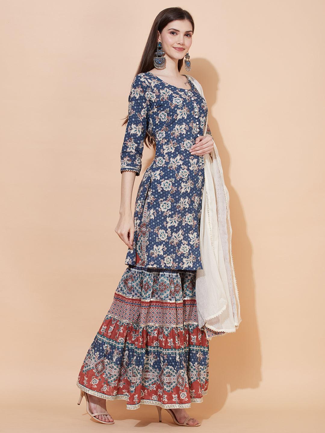 Floral Printed & Embroidered Kurta with Sharara & Dupatta - Blue - Indiakreations