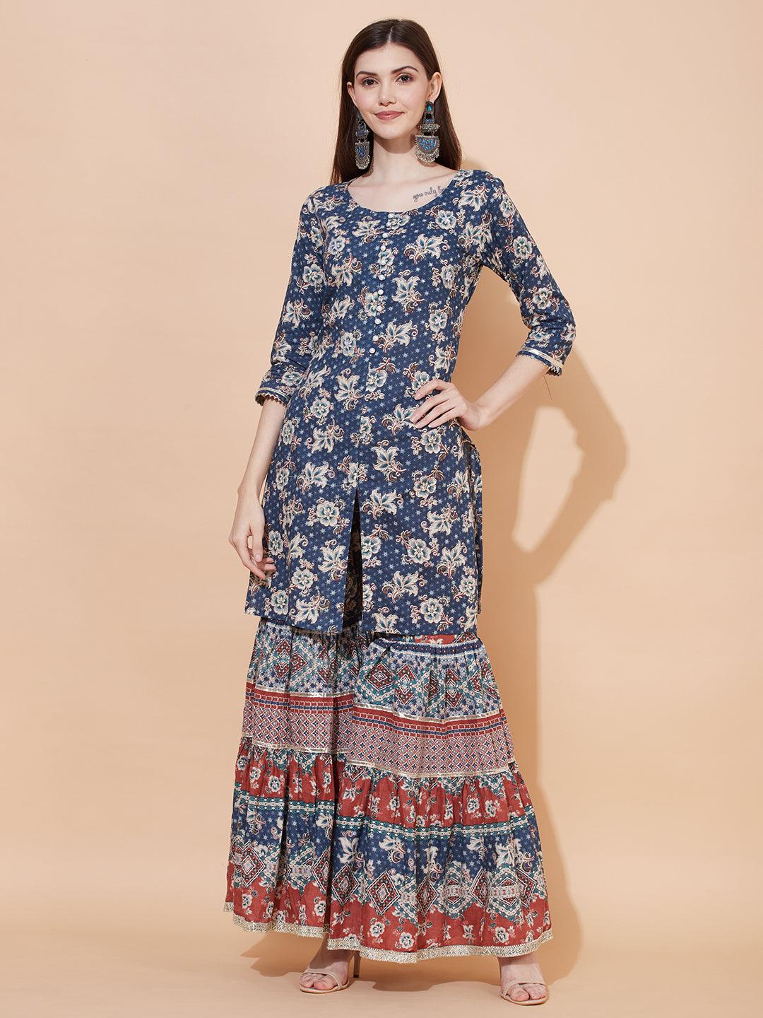 Floral Printed & Embroidered Kurta with Sharara & Dupatta - Blue - Indiakreations