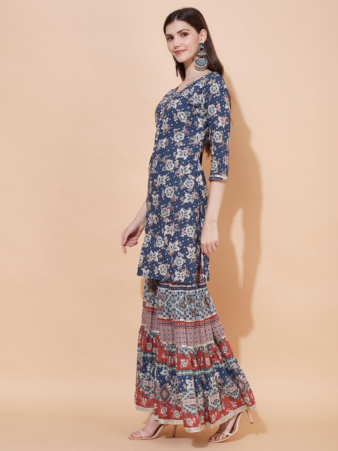 Floral Printed & Embroidered Kurta with Sharara & Dupatta - Blue - Indiakreations