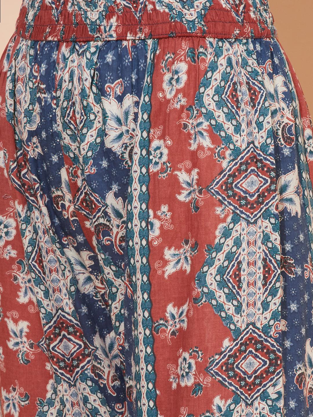 Floral Printed & Embroidered Kurta with Sharara & Dupatta - Blue - Indiakreations