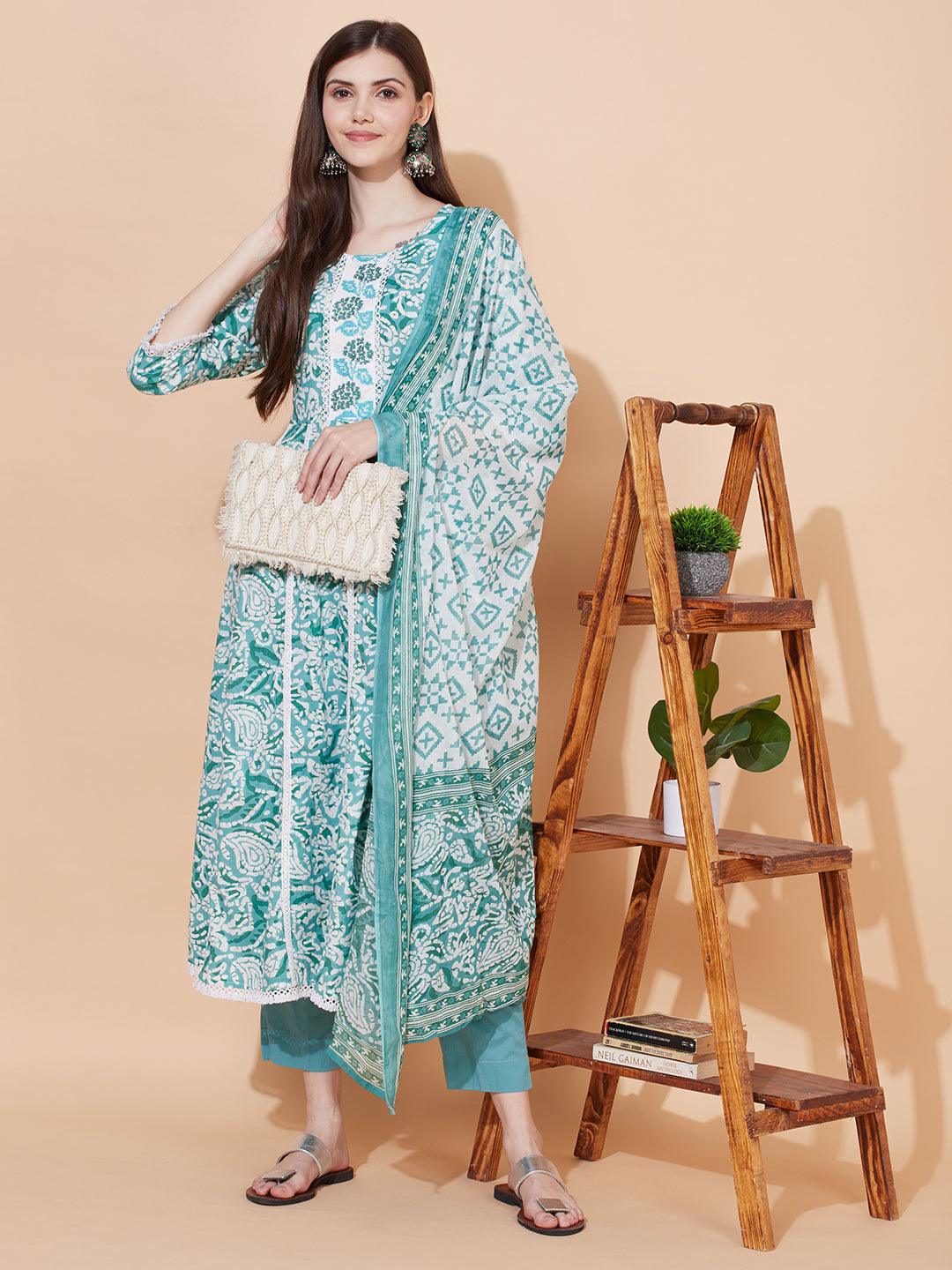 Ethnic Printed & Embroidered Anarkali Kurta with Pants & Dupatta - Light Turquoise - Indiakreations