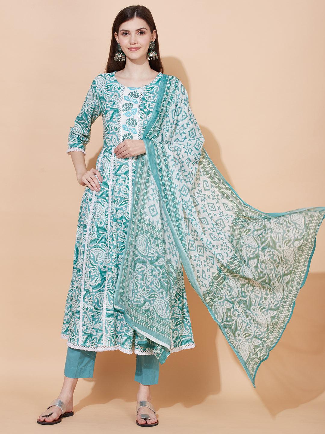 Ethnic Printed & Embroidered Anarkali Kurta with Pants & Dupatta - Light Turquoise - Indiakreations