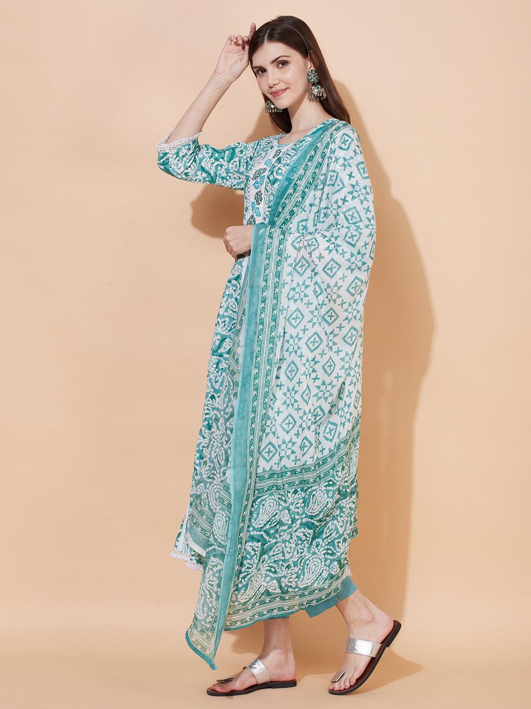 Ethnic Printed & Embroidered Anarkali Kurta with Pants & Dupatta - Light Turquoise - Indiakreations