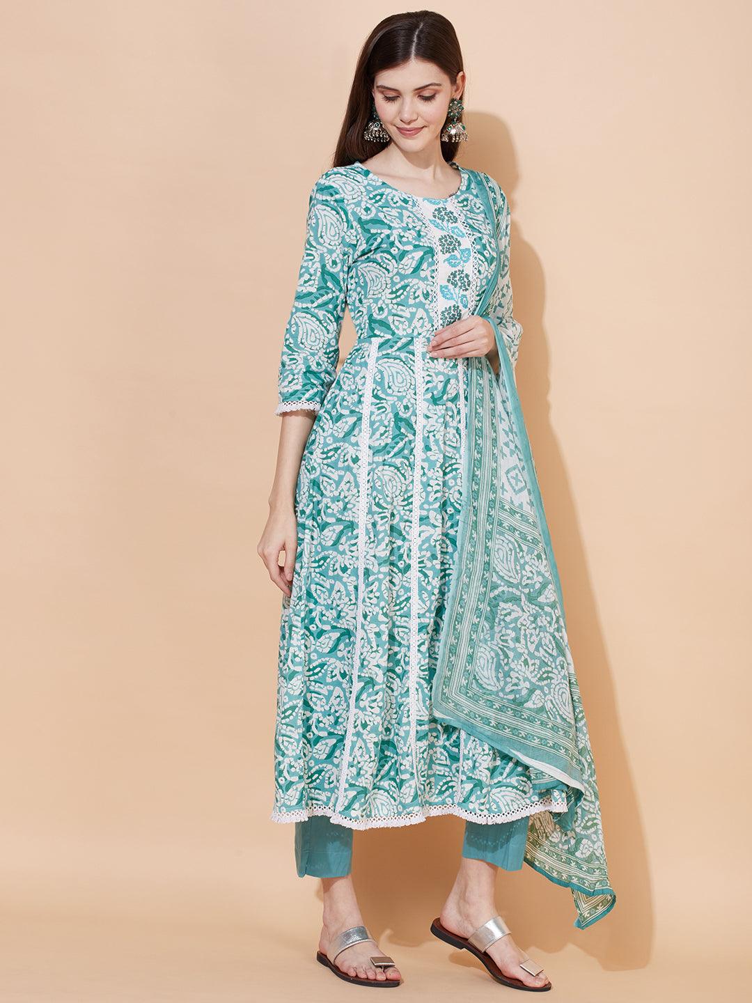 Ethnic Printed & Embroidered Anarkali Kurta with Pants & Dupatta - Light Turquoise - Indiakreations