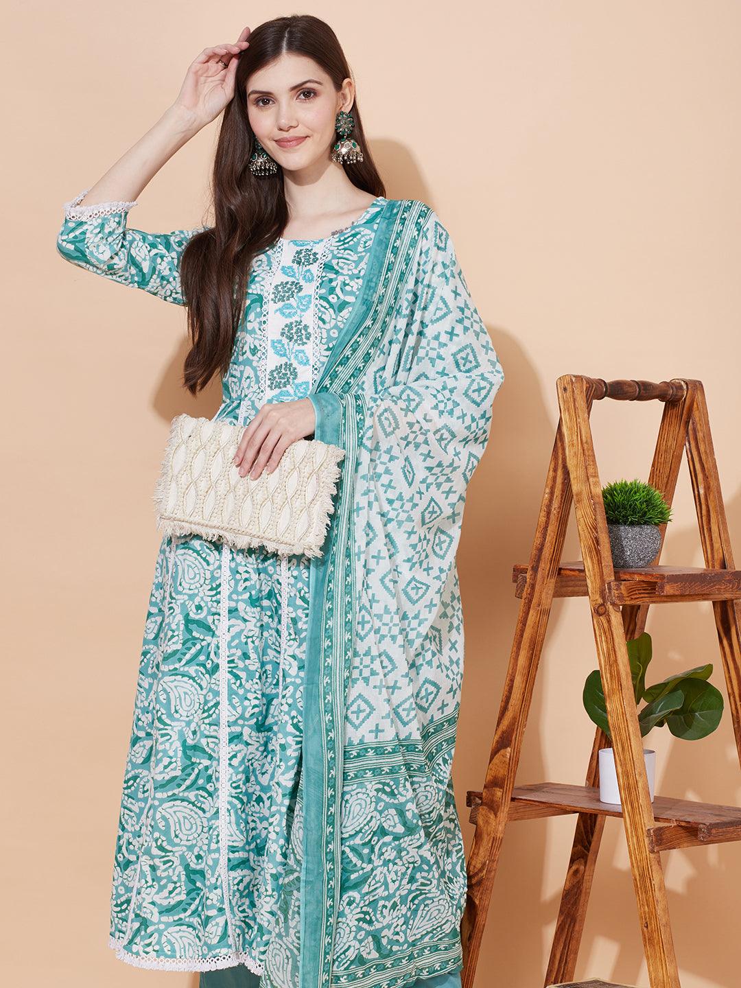 Ethnic Printed & Embroidered Anarkali Kurta with Pants & Dupatta - Light Turquoise - Indiakreations