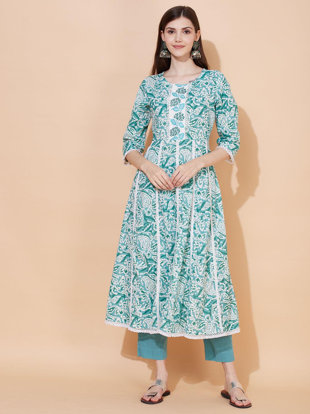 Ethnic Printed & Embroidered Anarkali Kurta with Pants & Dupatta - Light Turquoise - Indiakreations