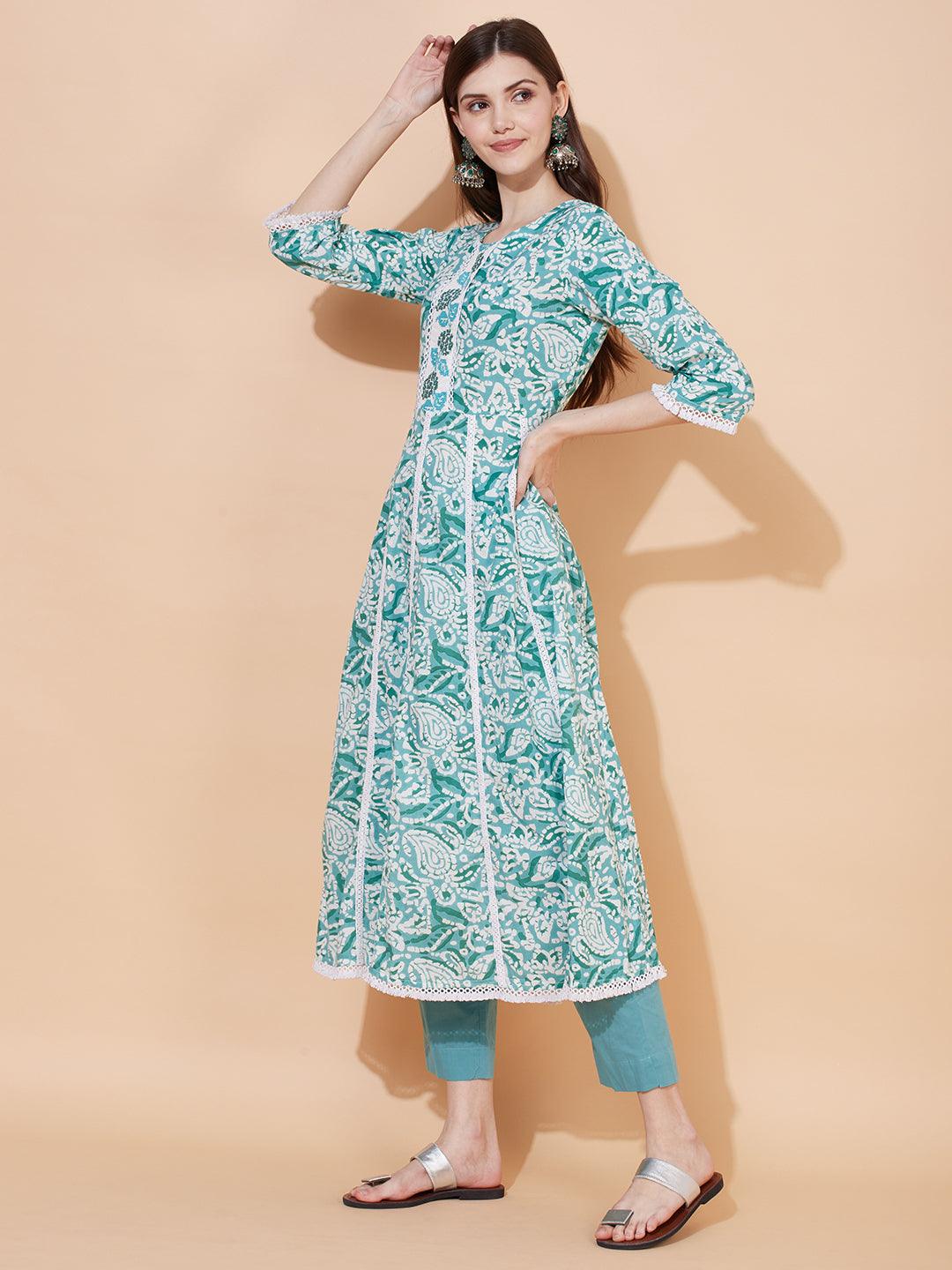 Ethnic Printed & Embroidered Anarkali Kurta with Pants & Dupatta - Light Turquoise - Indiakreations