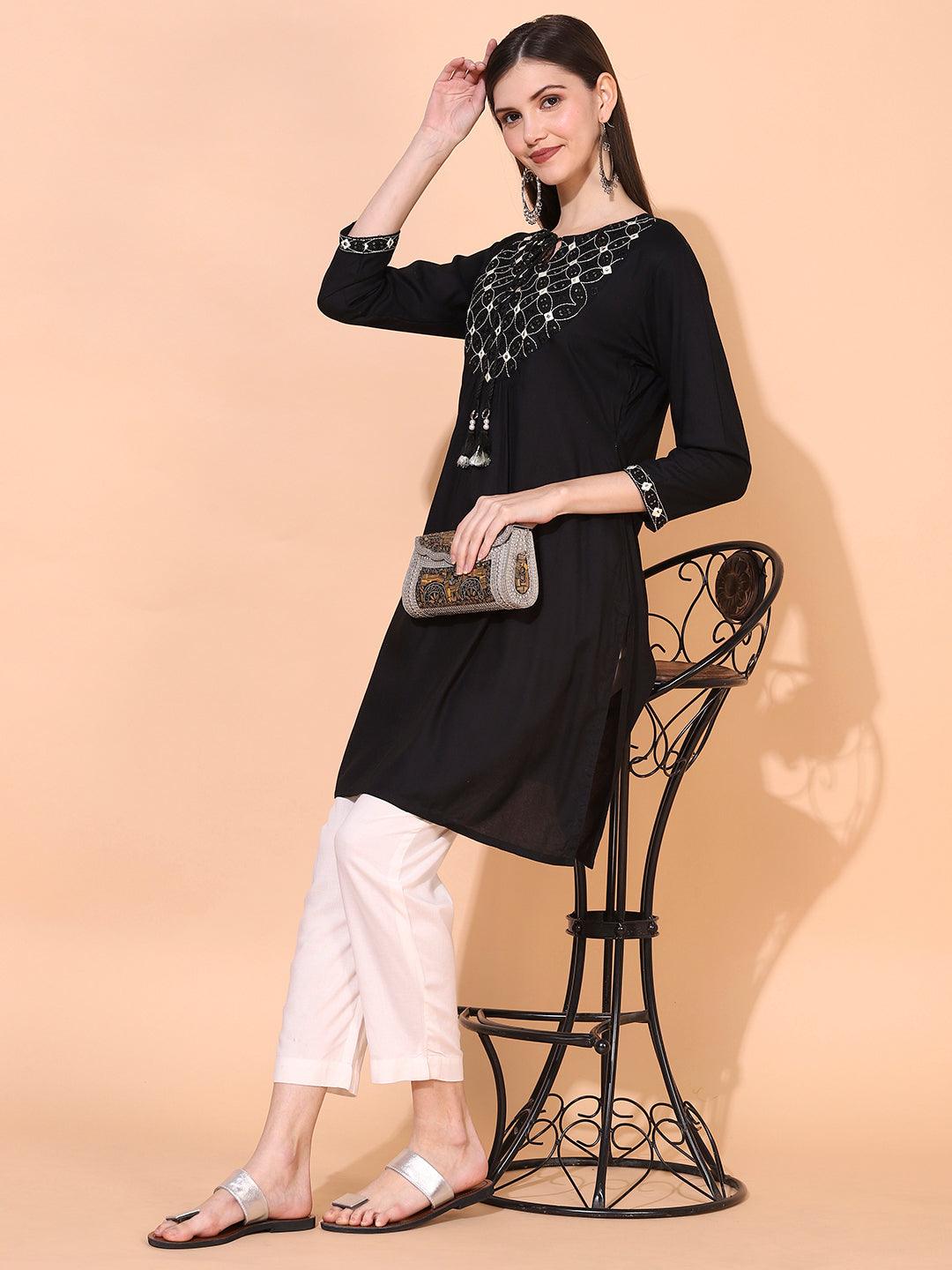 Ethnic Embroidered A-Line Kurta – Black - Indiakreations