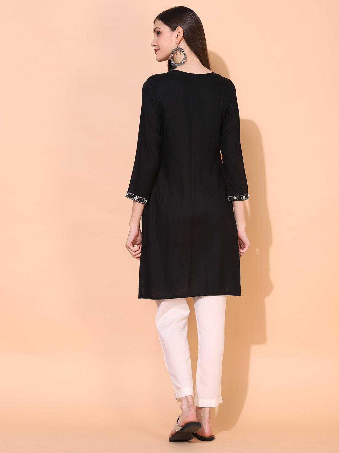 Ethnic Embroidered A-Line Kurta – Black - Indiakreations