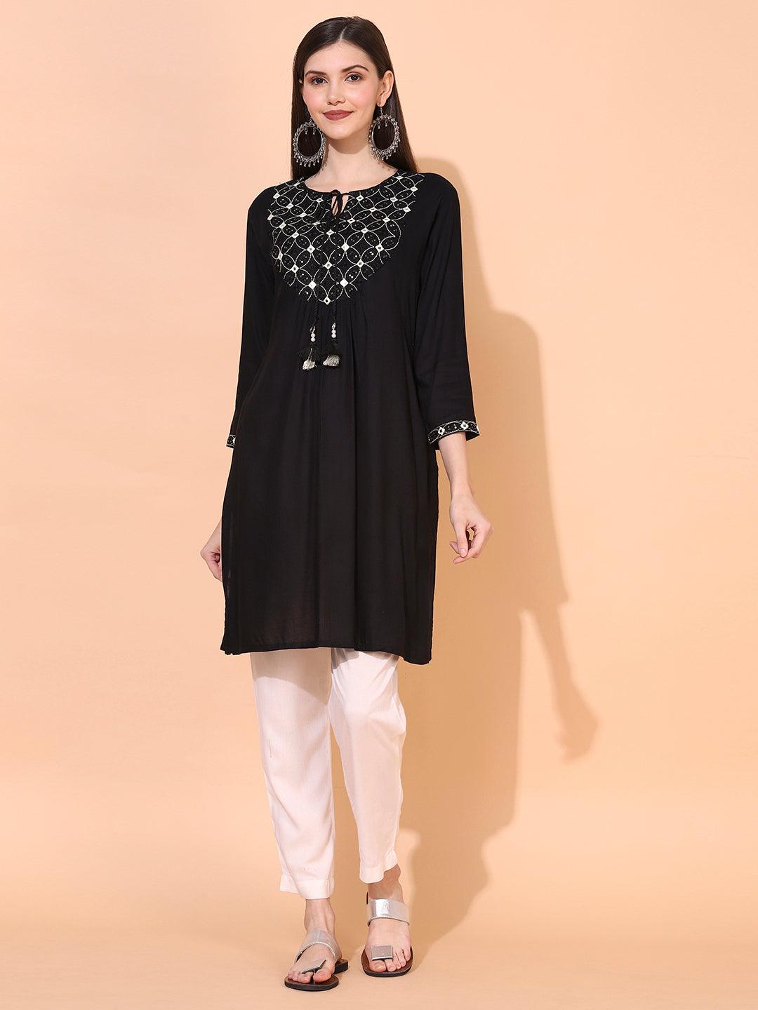 Ethnic Embroidered A-Line Kurta – Black - Indiakreations