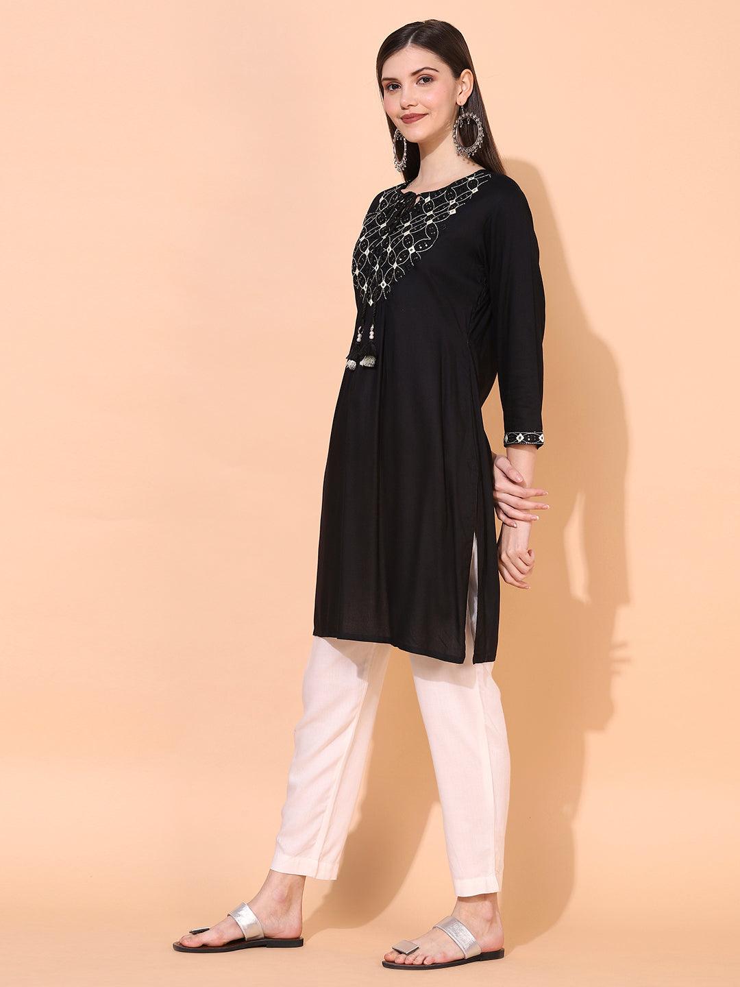 Ethnic Embroidered A-Line Kurta – Black - Indiakreations