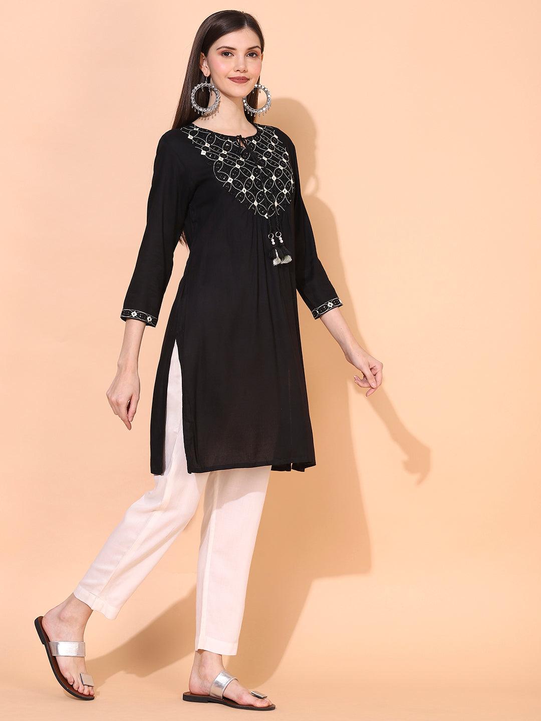 Ethnic Embroidered A-Line Kurta – Black - Indiakreations