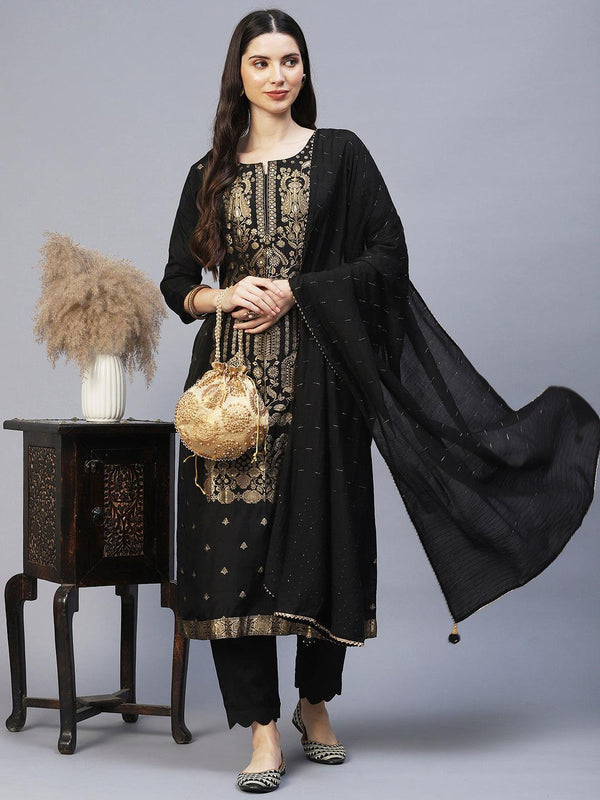 Ethnic Woven Straight Fit Kurta with Pants & Dupatta - Black - Indiakreations