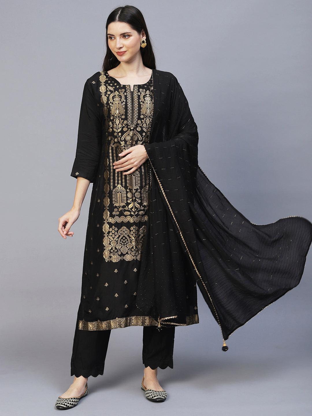 Ethnic Woven Straight Fit Kurta with Pants & Dupatta - Black - Indiakreations