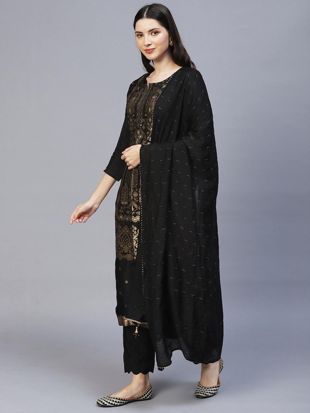 Ethnic Woven Straight Fit Kurta with Pants & Dupatta - Black - Indiakreations