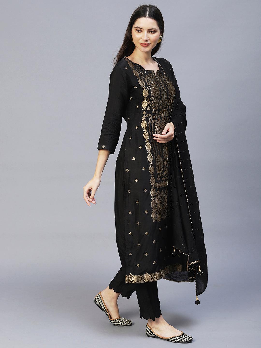 Ethnic Woven Straight Fit Kurta with Pants & Dupatta - Black - Indiakreations