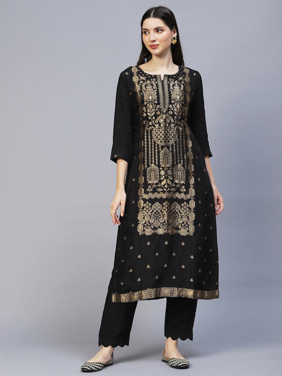 Ethnic Woven Straight Fit Kurta with Pants & Dupatta - Black - Indiakreations