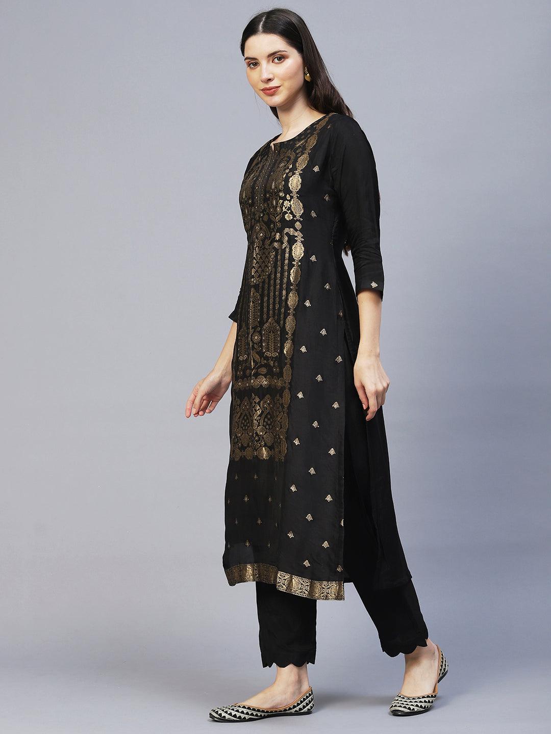 Ethnic Woven Straight Fit Kurta with Pants & Dupatta - Black - Indiakreations