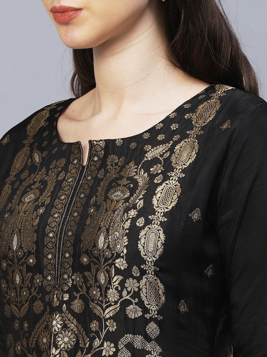 Ethnic Woven Straight Fit Kurta with Pants & Dupatta - Black - Indiakreations