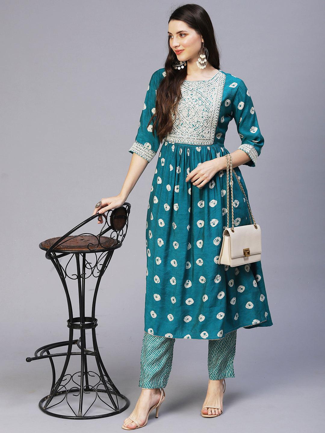 Ethnic Printed & Embroidered A-Line Kurta with Pants - Sea Green - Indiakreations