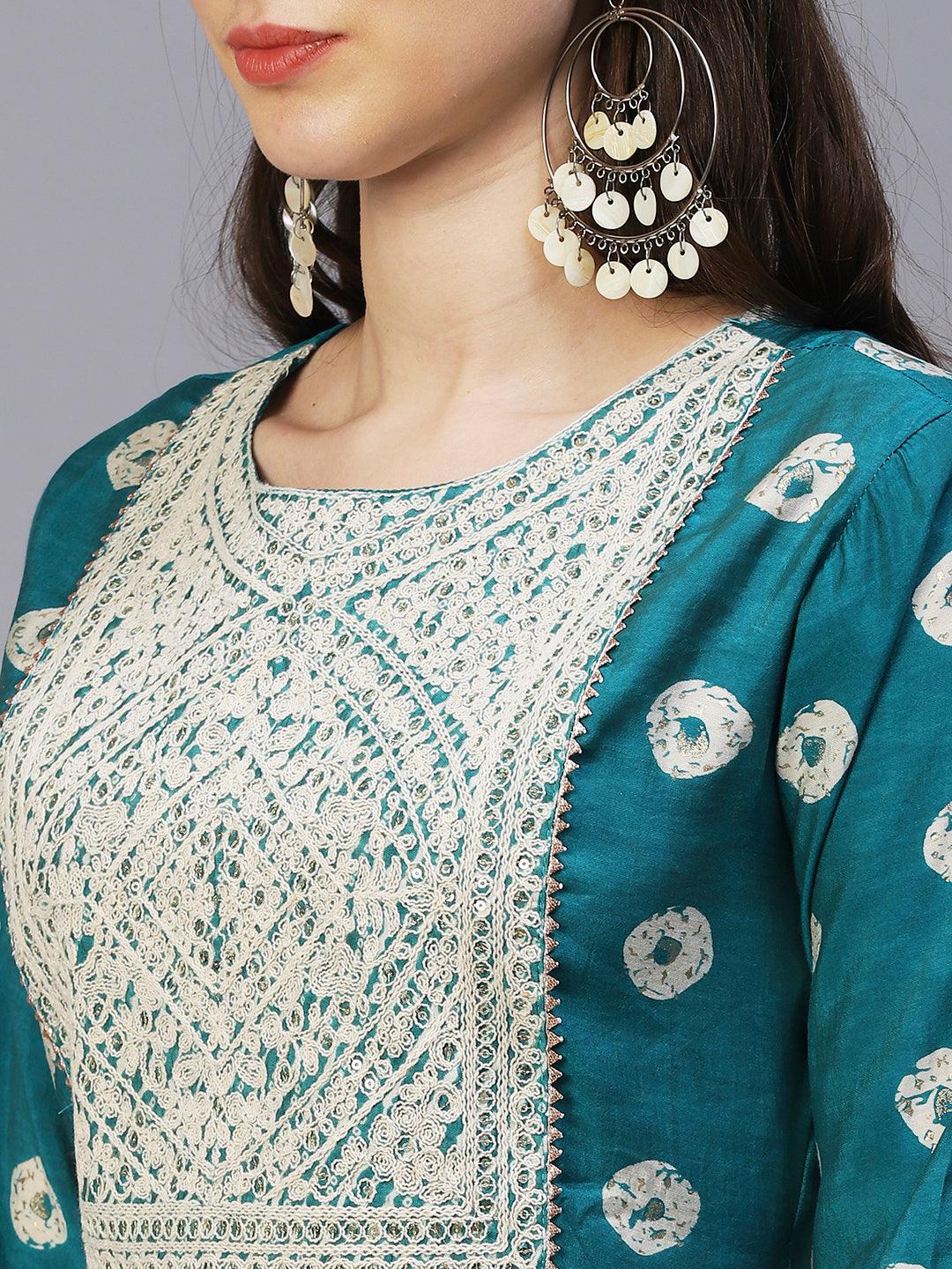 Ethnic Printed & Embroidered A-Line Kurta with Pants - Sea Green - Indiakreations