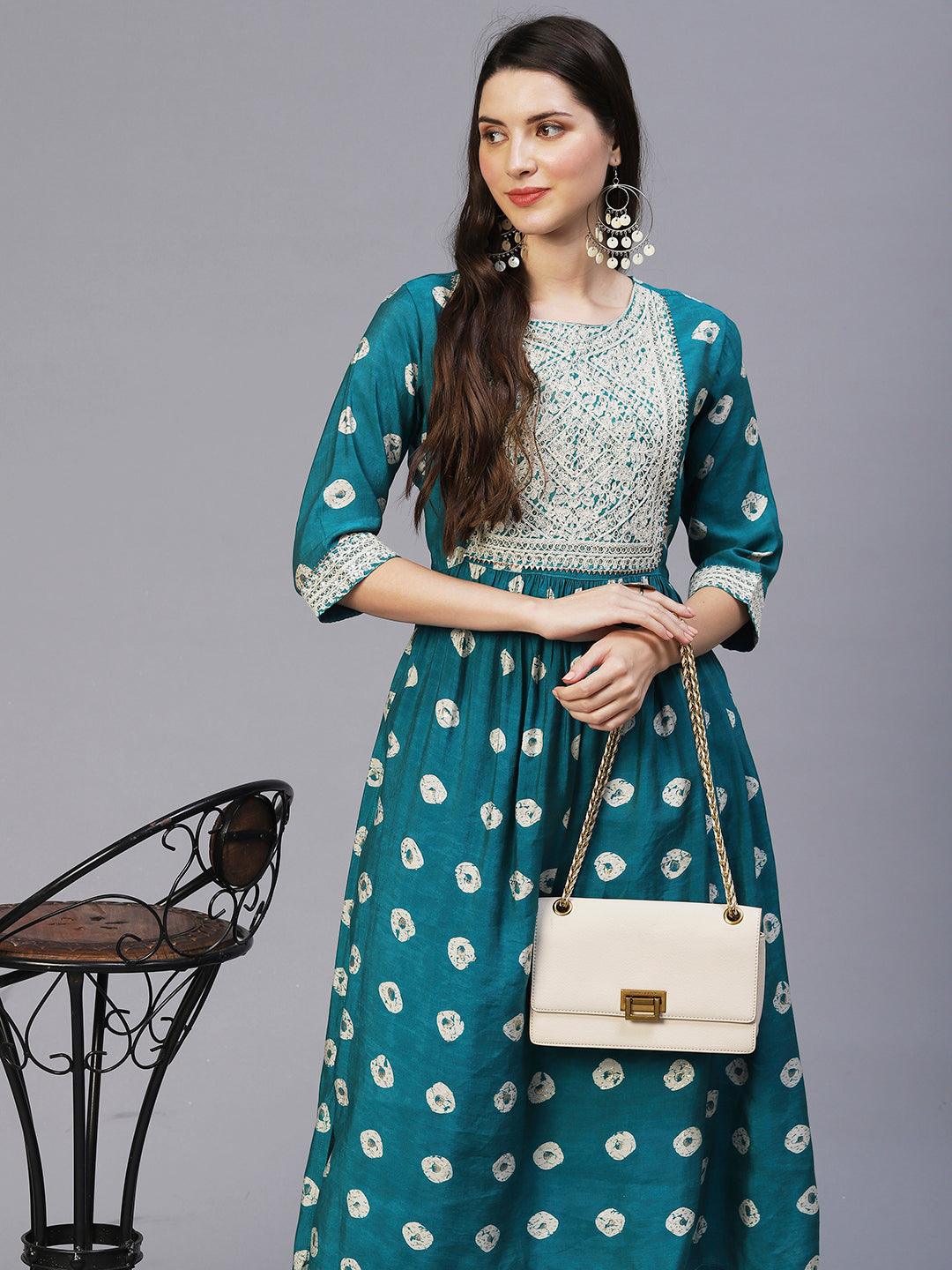 Ethnic Printed & Embroidered A-Line Kurta with Pants - Sea Green - Indiakreations