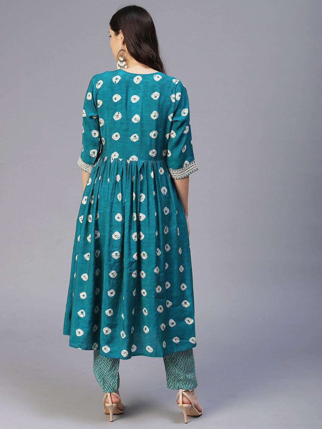 Ethnic Printed & Embroidered A-Line Kurta with Pants - Sea Green - Indiakreations