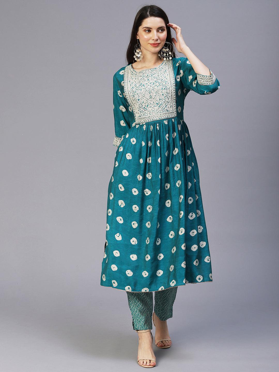 Ethnic Printed & Embroidered A-Line Kurta with Pants - Sea Green - Indiakreations