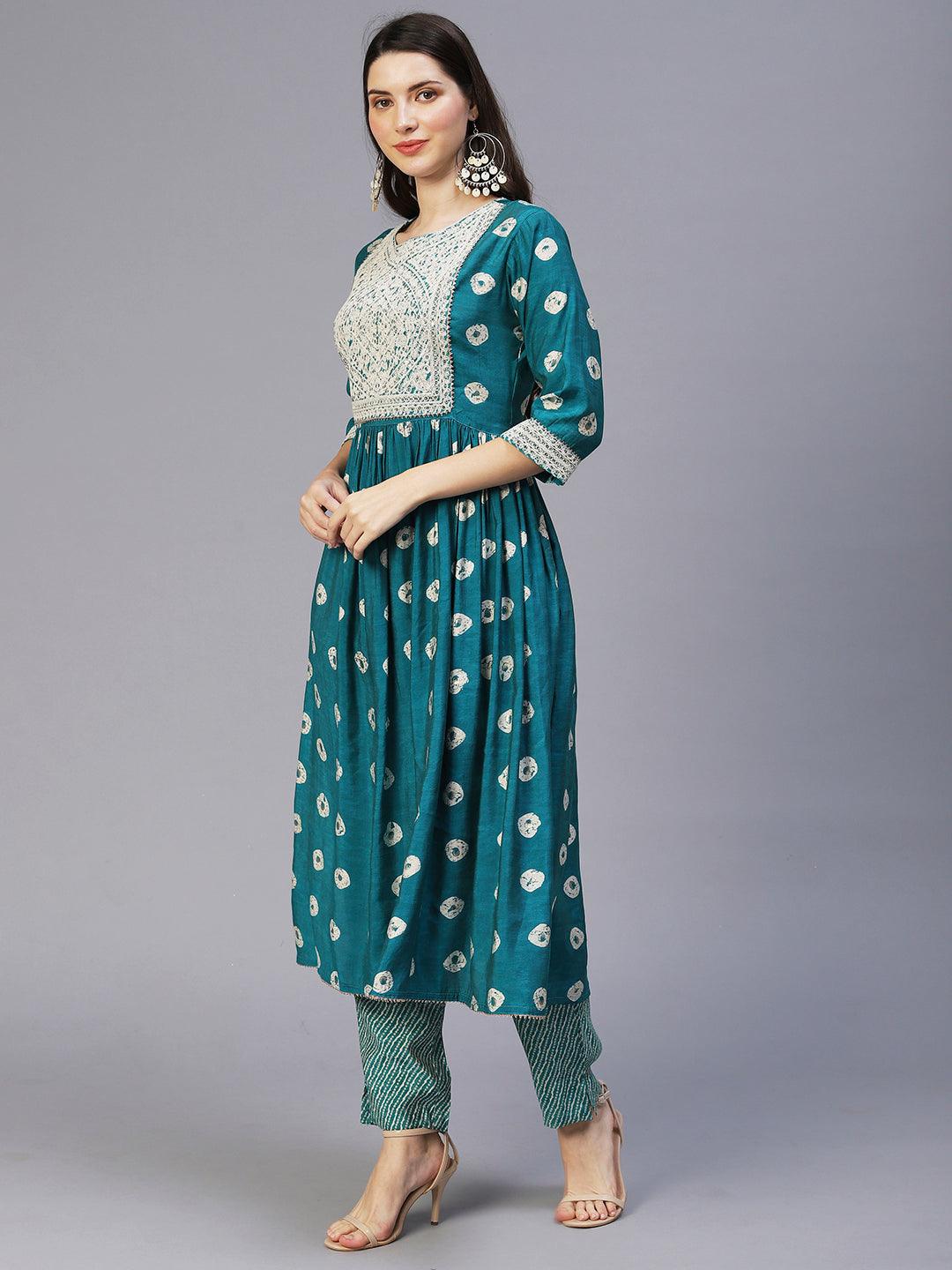 Ethnic Printed & Embroidered A-Line Kurta with Pants - Sea Green - Indiakreations