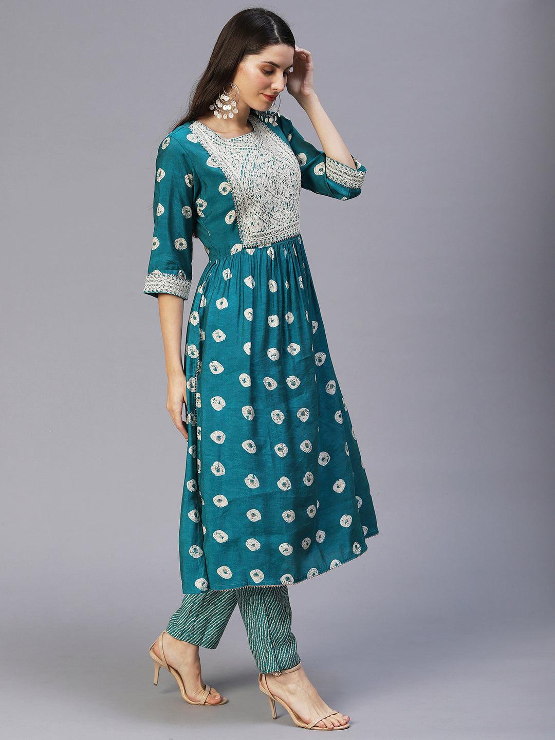 Ethnic Printed & Embroidered A-Line Kurta with Pants - Sea Green - Indiakreations