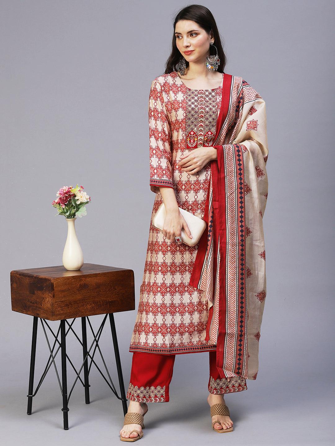 Ethnic Printed & Embroidered Kurta with Pants & Dupatta - Maroon - Indiakreations