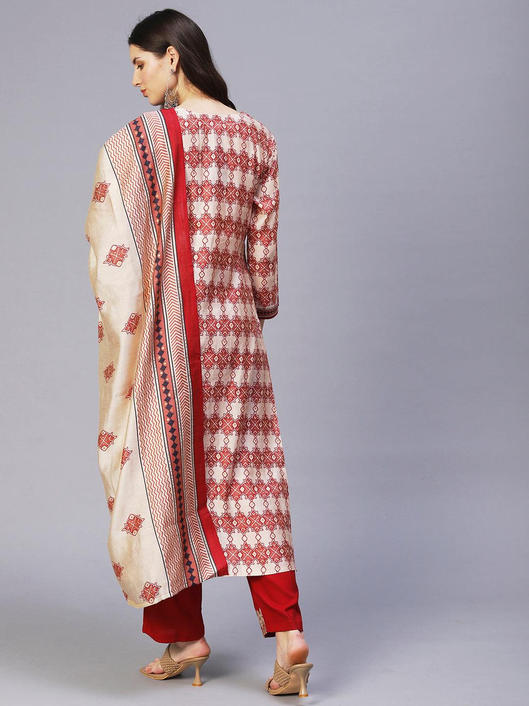 Ethnic Printed & Embroidered Kurta with Pants & Dupatta - Maroon - Indiakreations