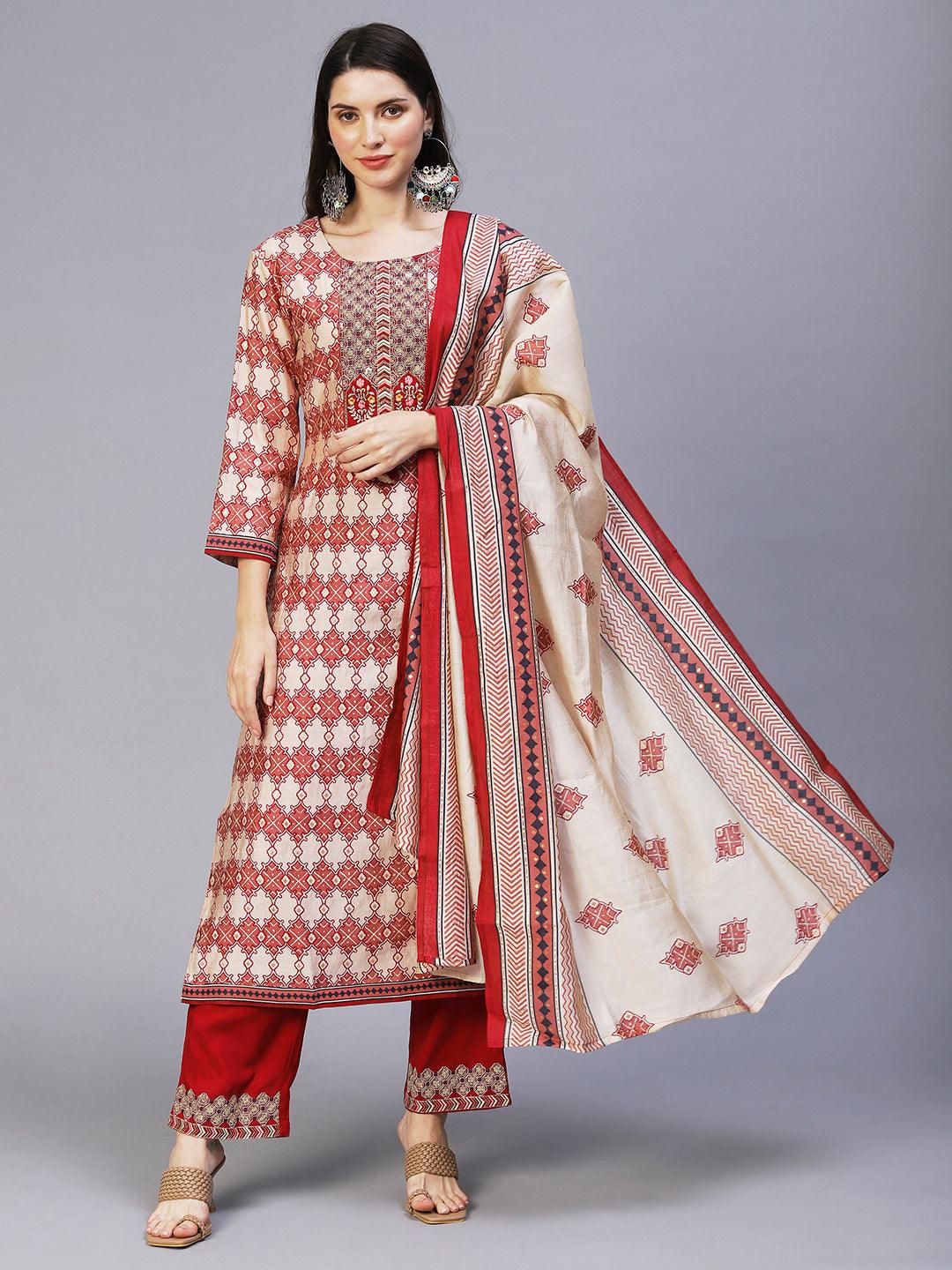 Ethnic Printed & Embroidered Kurta with Pants & Dupatta - Maroon - Indiakreations