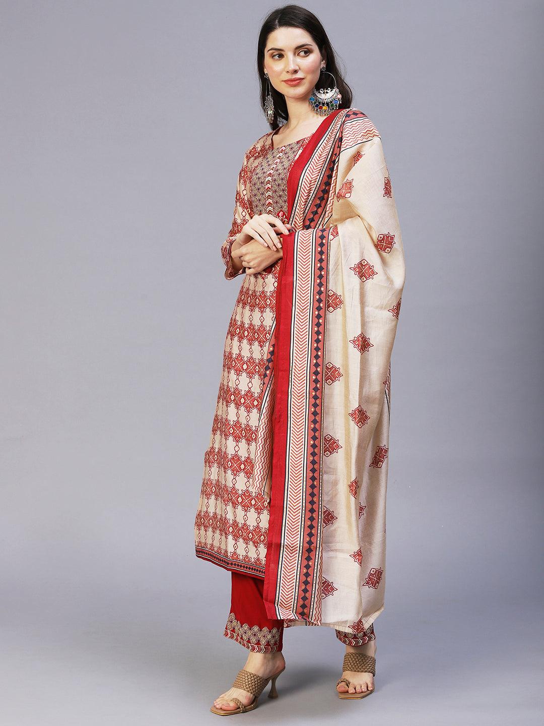 Ethnic Printed & Embroidered Kurta with Pants & Dupatta - Maroon - Indiakreations